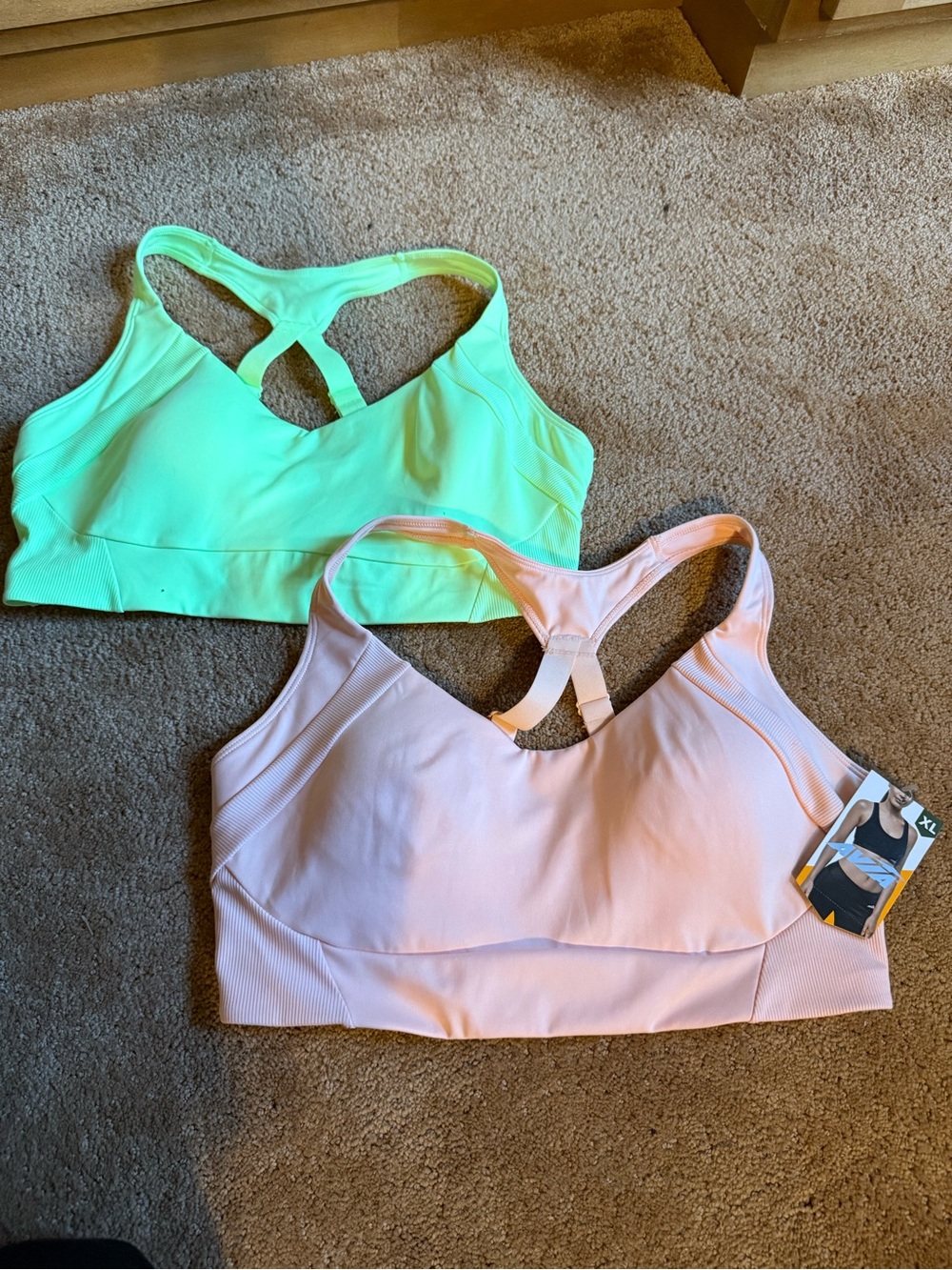 Avia Women’s Racerback Light Pink and Lime Green Sports Bras - Soft Support